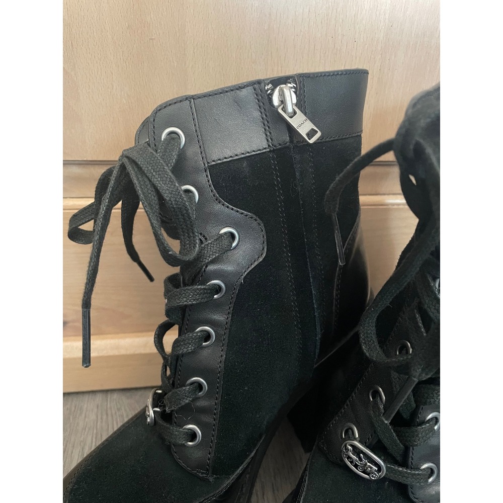 Coach Black Leather Suede Lace Up Block Heel Combat Boots Womens 5B - Picture 3 of 7